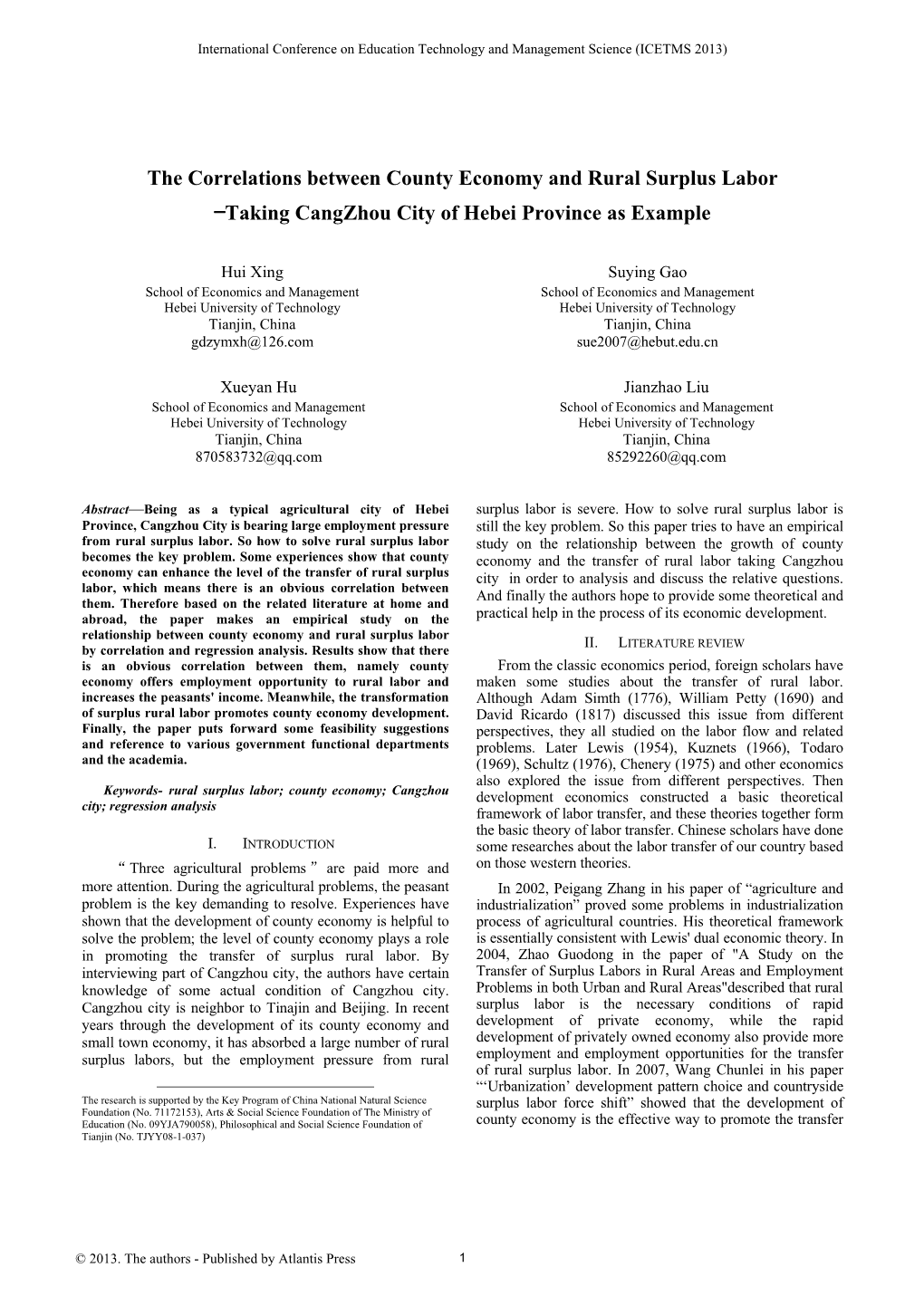 The Correlations Between County Economy and Rural Surplus Labor —Taking Cangzhou City of Hebei Province As Example