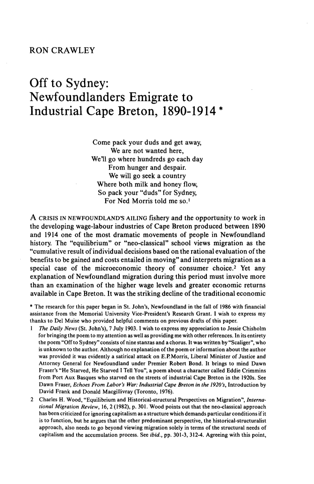 Newfoundlanders Emigrate to Industrial Cape Breton, 1890-1914 *