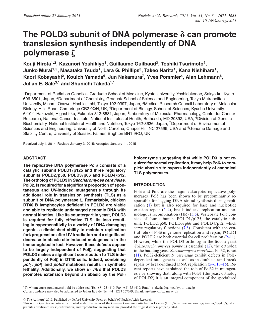 The POLD3 Subunit of DNA Polymerase Can Promote Translesion Synthesis Independently of DNA Polymerase