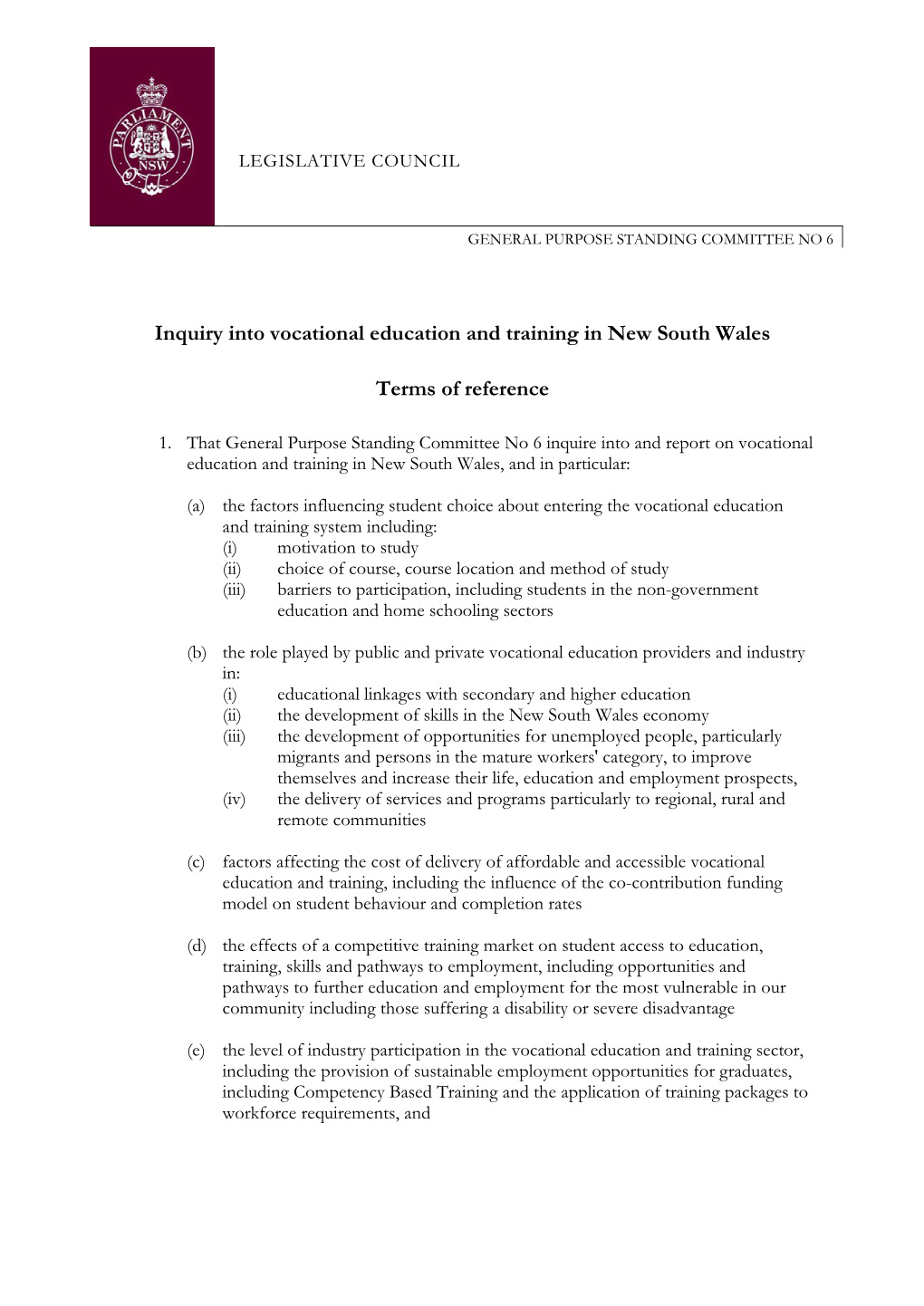 Inquiry Into Vocational Education and Training in New South Wales Terms
