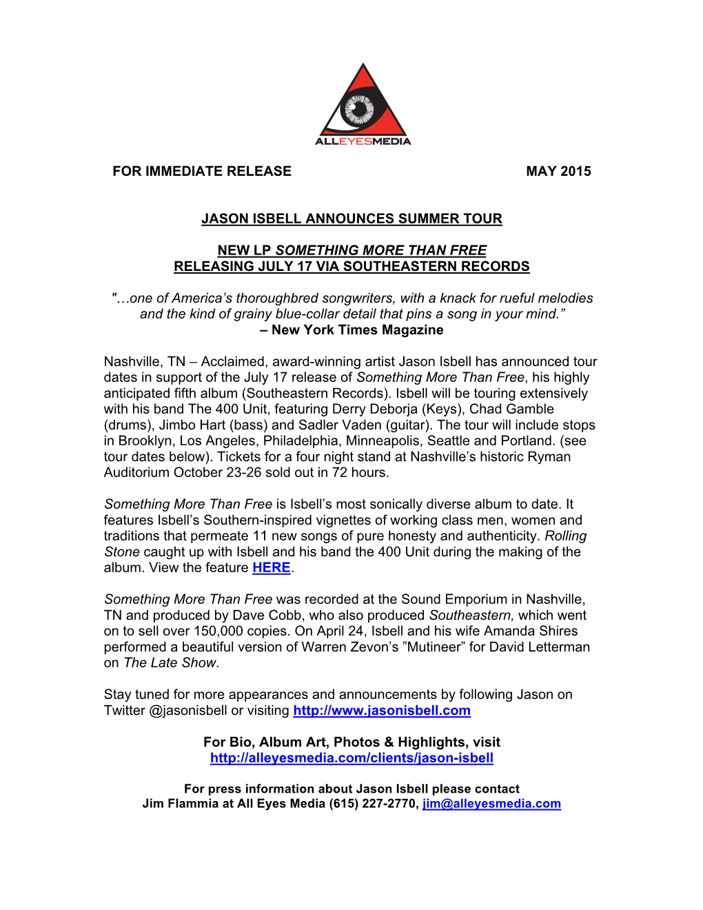 For Immediate Release May 2015 Jason