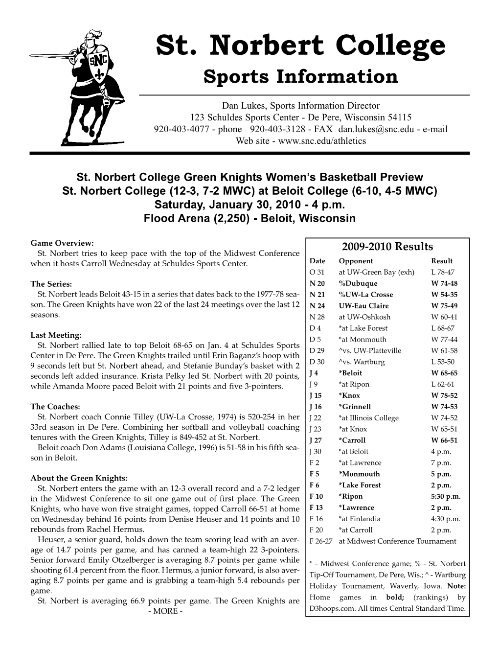 St. Norbert College Sports Information