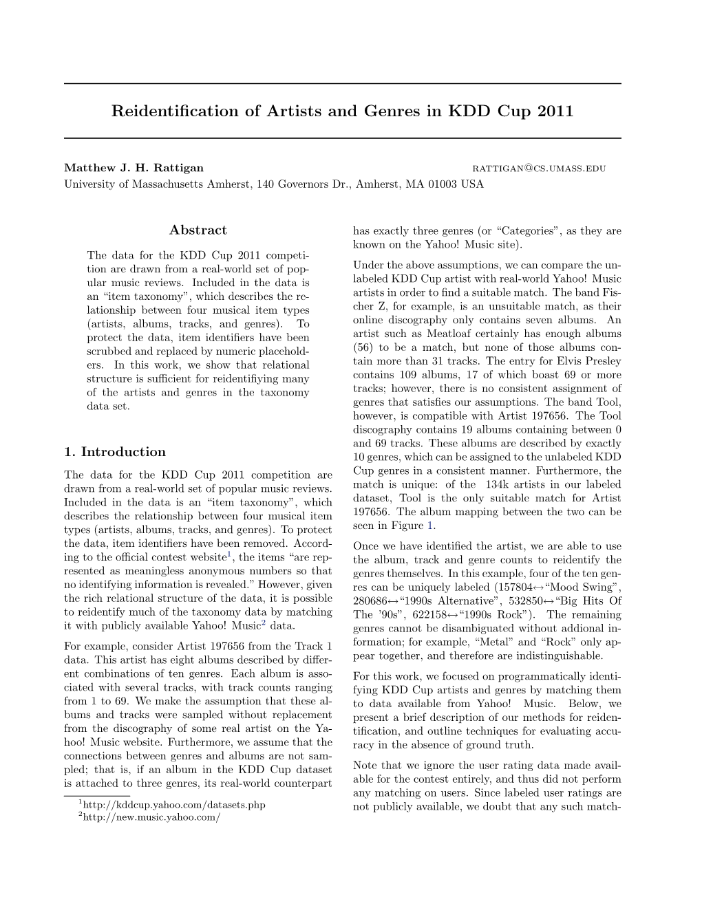 Reidentification of Artists and Genres in KDD Cup 2011