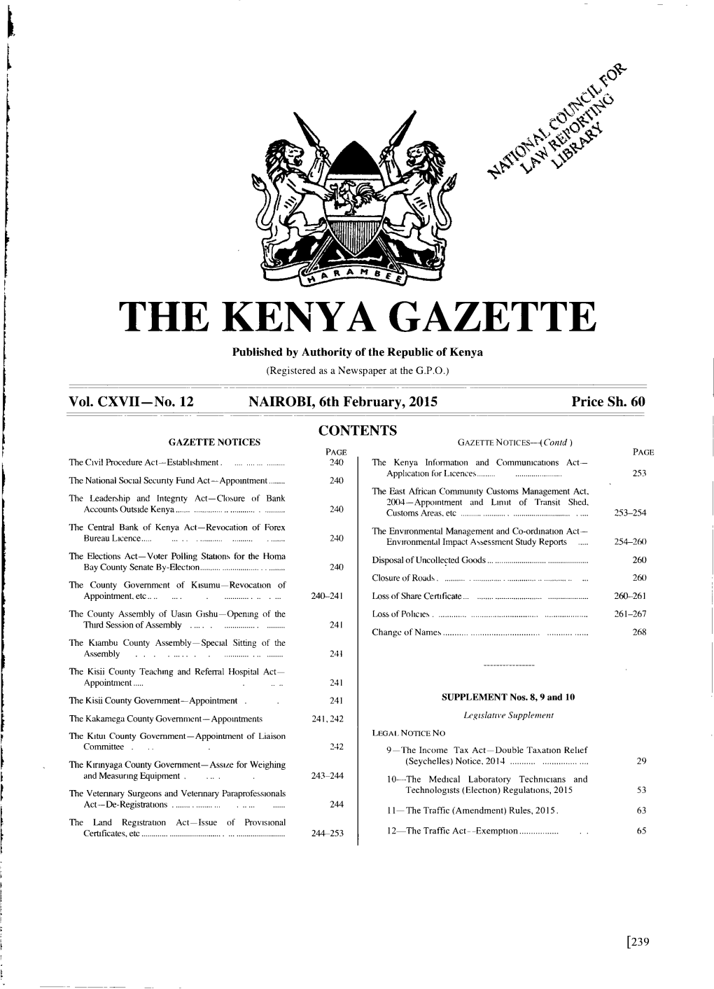 THE KENYA GAZETTE Published by Authority of the Republic of Kenya