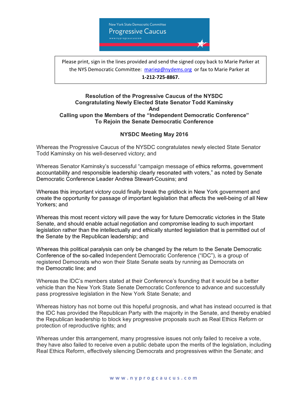 Resolution of the Progressive Caucus of the NYSDC Congratulating