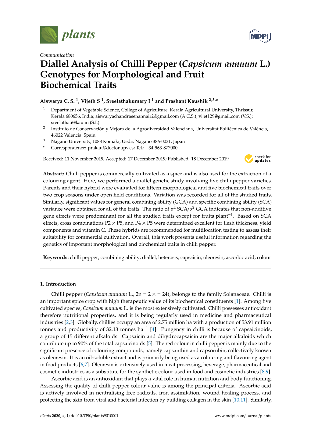 Diallel Analysis of Chilli Pepper (Capsicum Annuum L.) Genotypes for Morphological and Fruit Biochemical Traits
