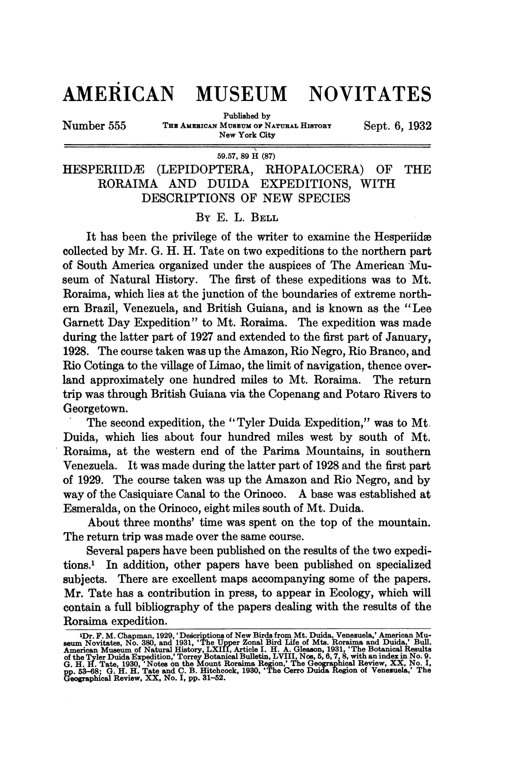 AMERICAN MUSEUM NOVITATES Published by Number 555 Thz AMERICAN Museum of NATURAL HISTORY Sept