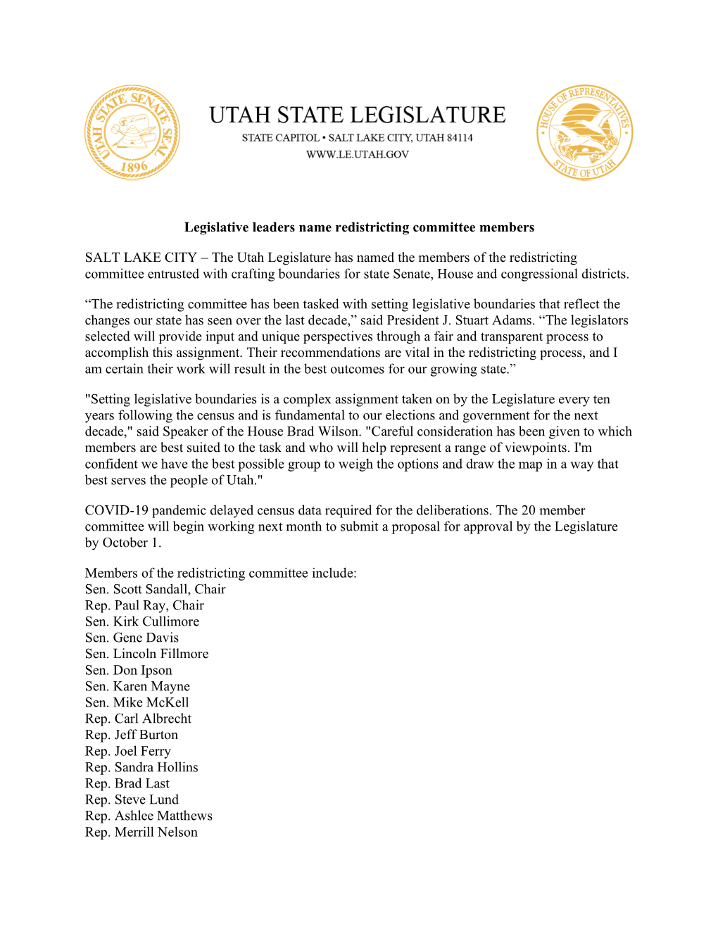 Legislative Leaders Name Redistricting Committee Members