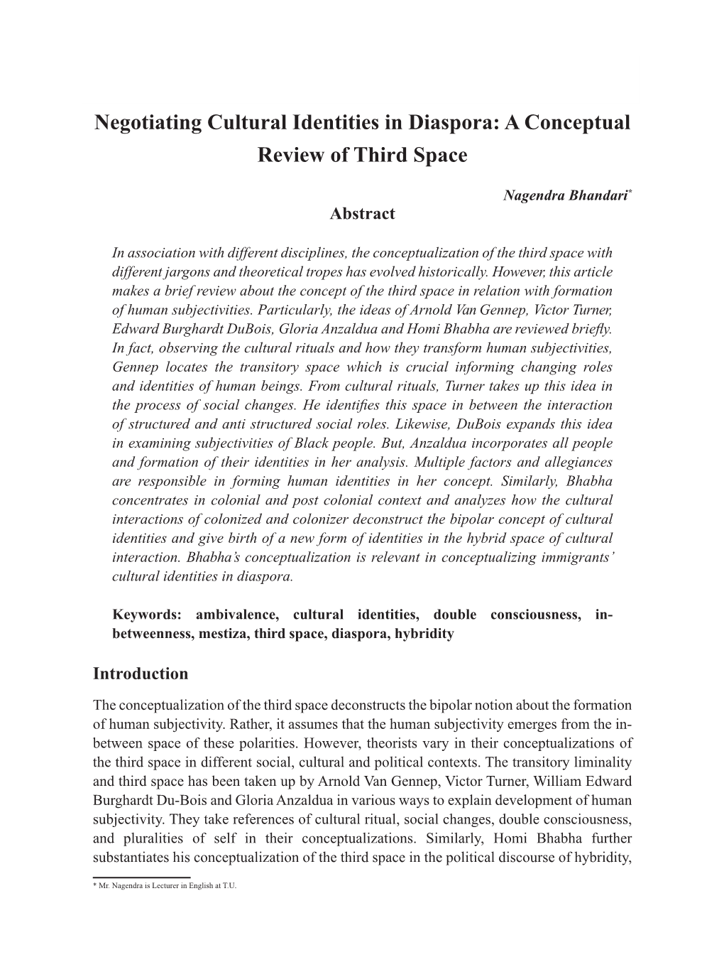 Negotiating Cultural Identities in Diaspora: a Conceptual Review of Third Space