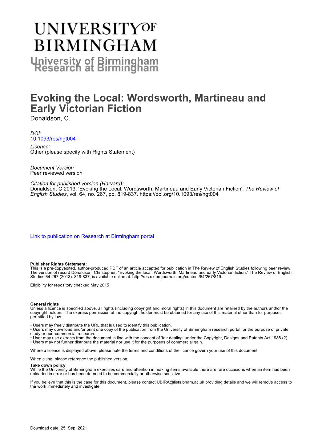 Evoking the Local: Wordsworth, Martineau and Early Victorian Fiction Donaldson, C