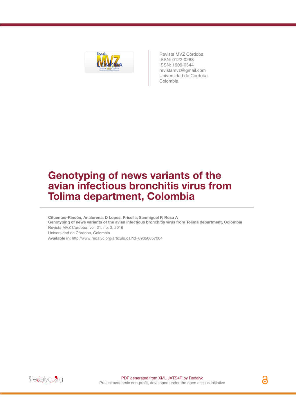 Genotyping of News Variants of the Avian Infectious Bronchitis Virus from Tolima Department, Colombia