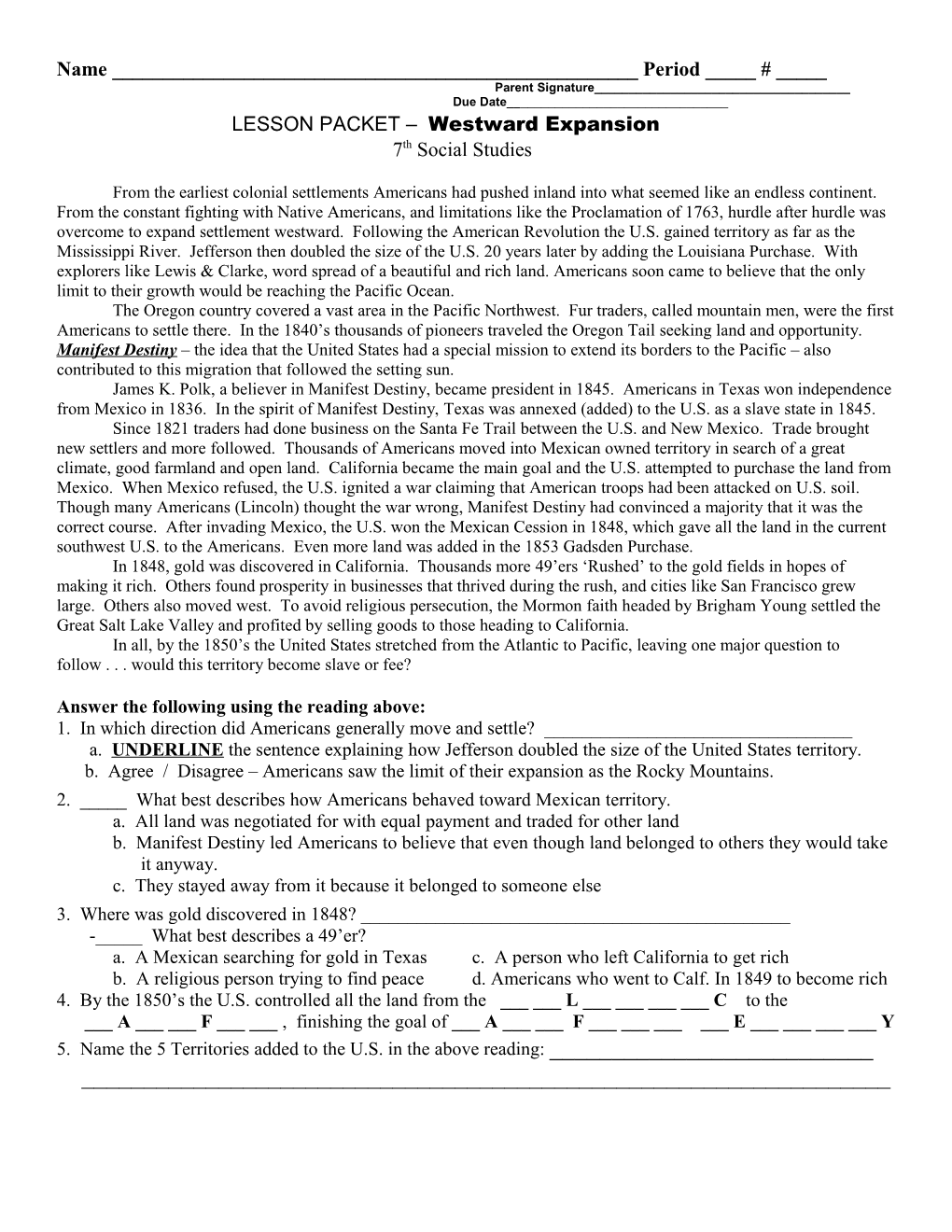 LESSON PACKET Westward Expansion