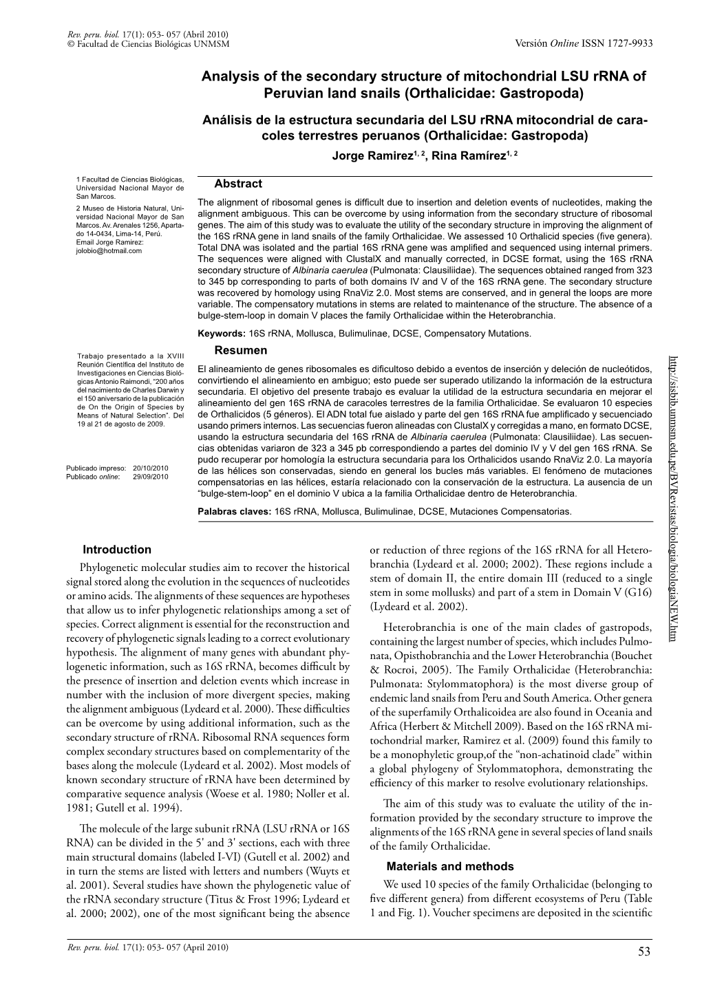 Analysis of the Secondary Structure of Mitochondrial LSU Rrna of Peruvian Land Snails (Orthalicidae: Gastropoda)