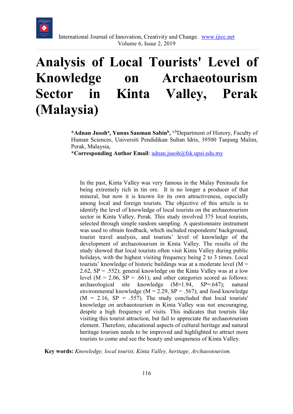 Analysis of Local Tourists' Level of Knowledge on Archaeotourism Sector in Kinta Valley, Perak (Malaysia)