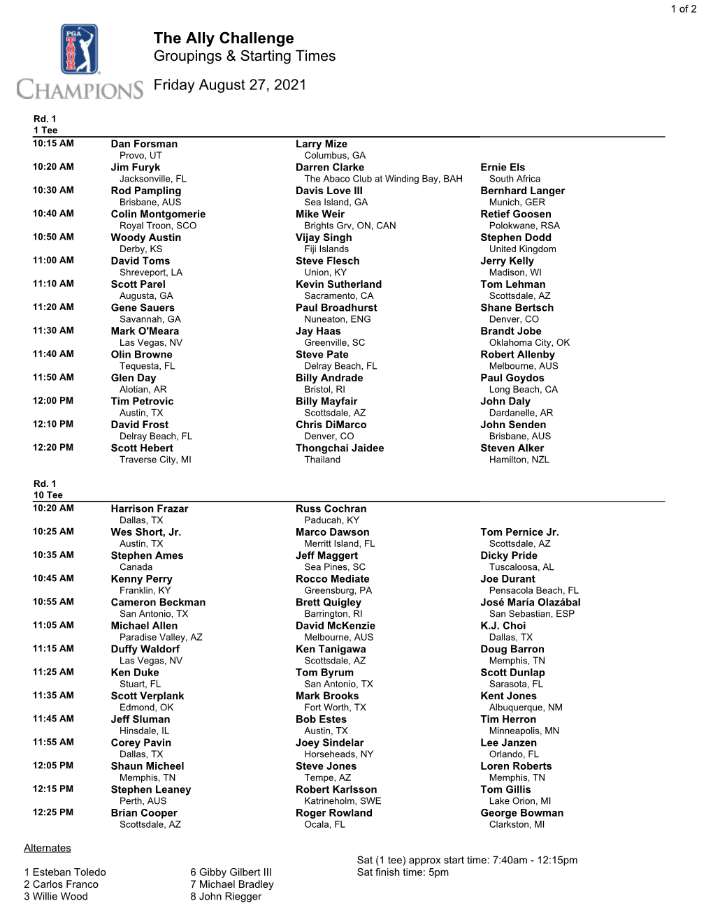The Ally Challenge Groupings & Starting Times Friday August 27, 2021