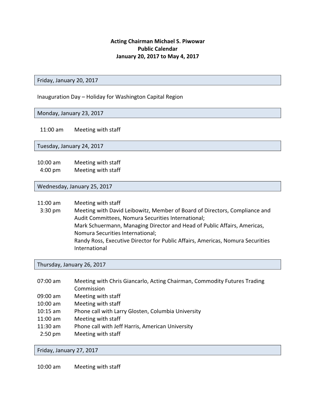 Acting Chairman Michael S. Piwowar Public Calendar January 20, 2017 to May 4, 2017