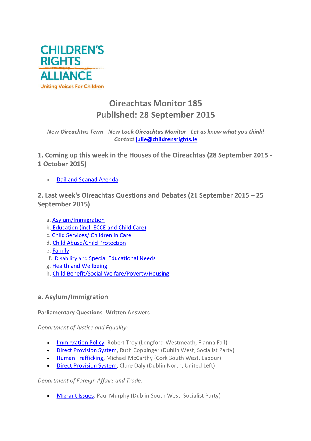 Oireachtas Monitor 185 Published: 28 September 2015