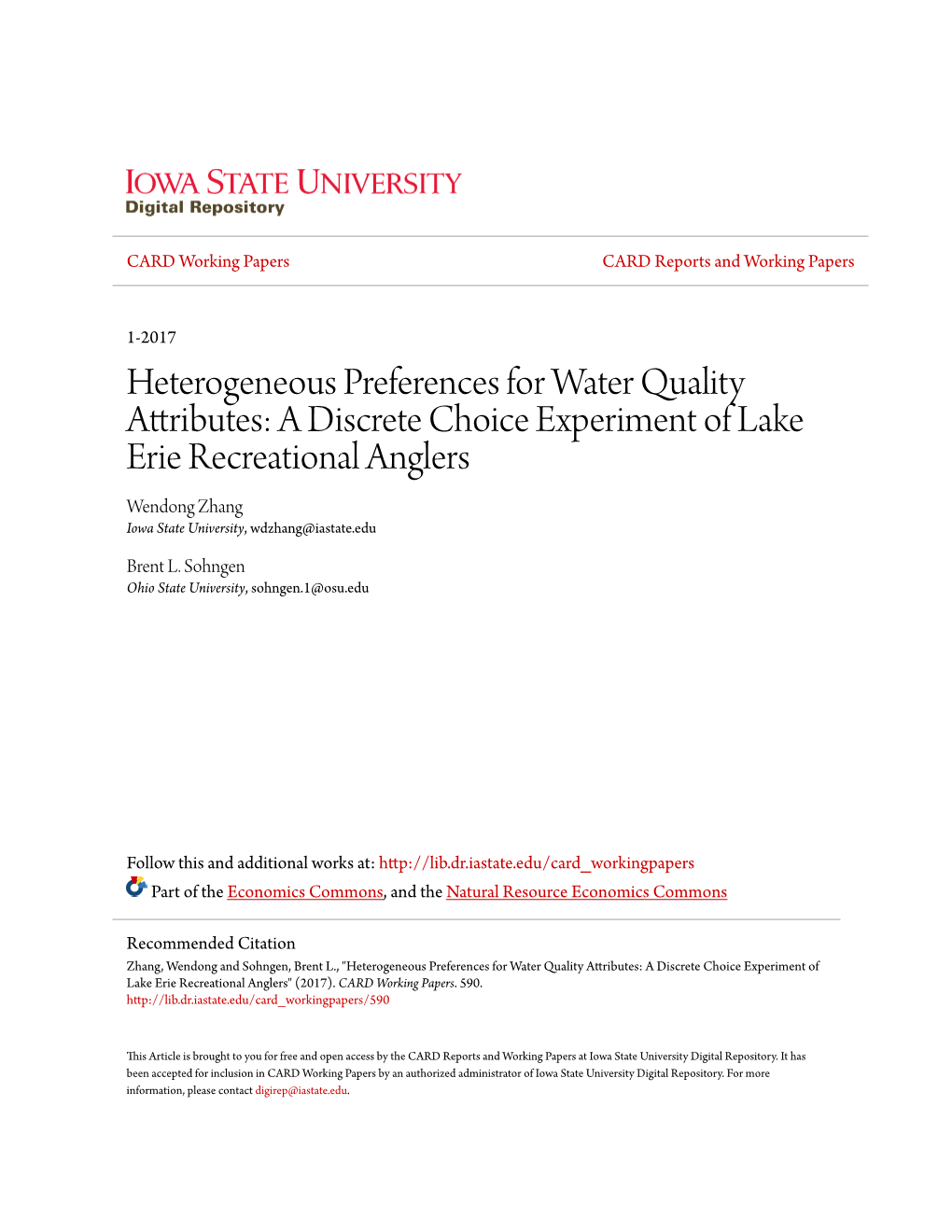 Heterogeneous Preferences for Water Quality Attributes: a Discrete Choice Experiment of Lake Erie Recreational Anglers