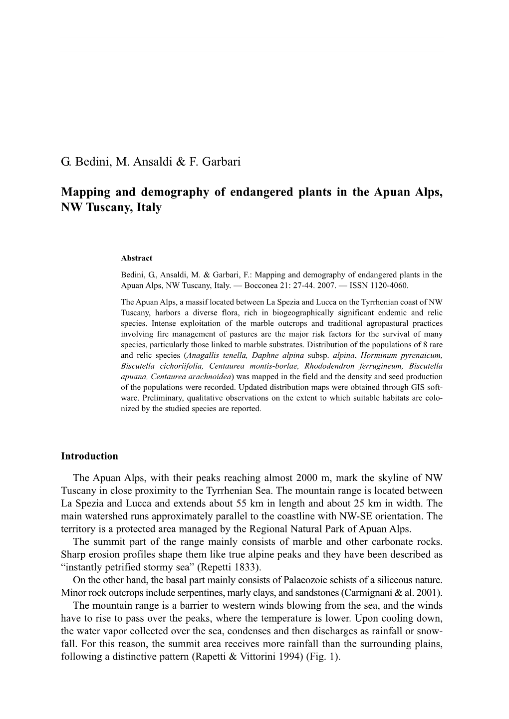 G. Bedini, M. Ansaldi & F. Garbari Mapping and Demography Of