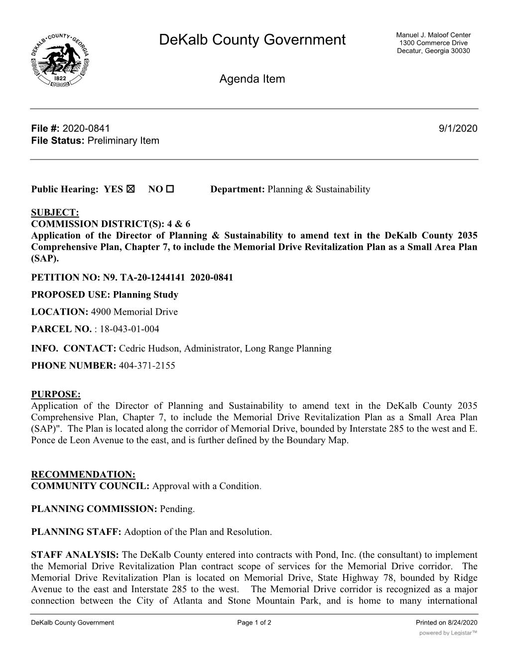 Memorial Drive Revitalization Plan Study Text Amendment to the Dekalb County Comprehensive Plan Small Area Plan September 24, 2020 BOC Hearing Purpose