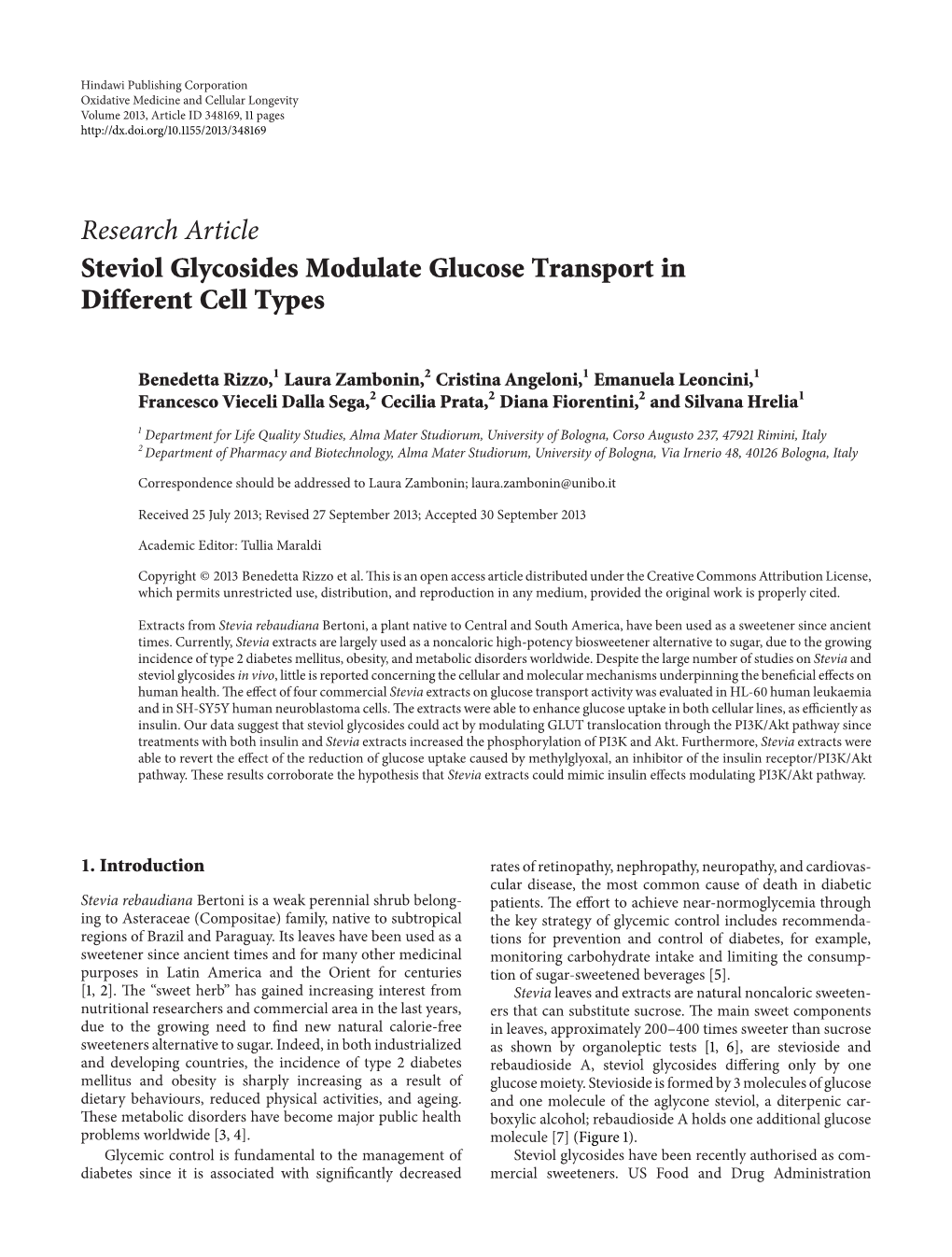 Steviol Glycosides Modulate Glucose Transport in Different Cell Types