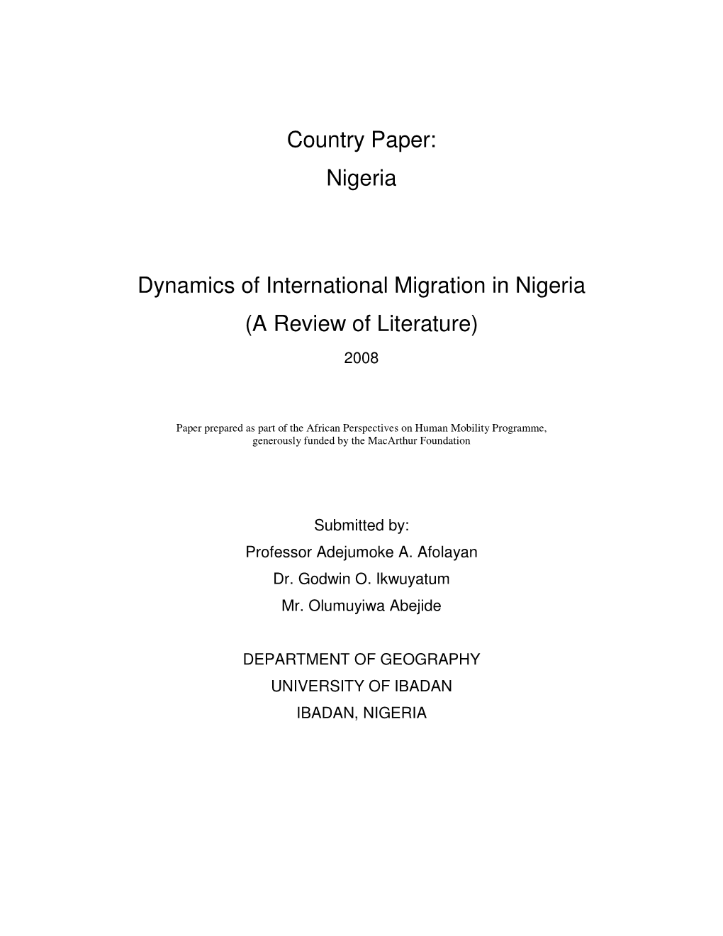 Migration in Nigeria (A Review of Literature) 2008