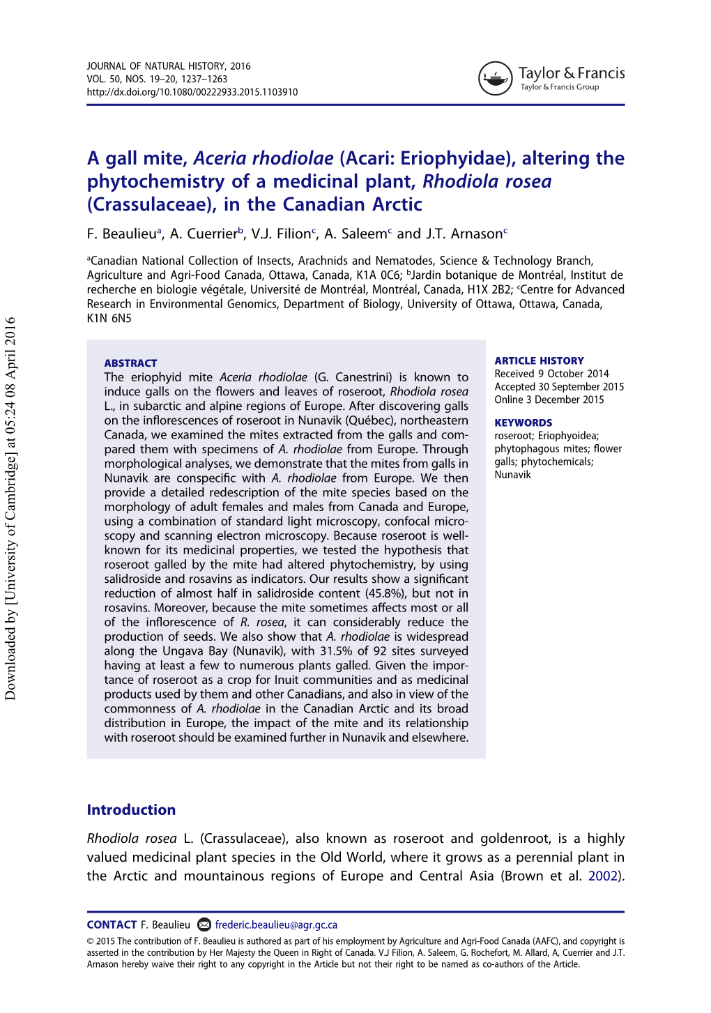 Altering the Phytochemistry of a Medicinal Plant, Rhodiola Rosea (Crassulaceae), in the Canadian Arctic F