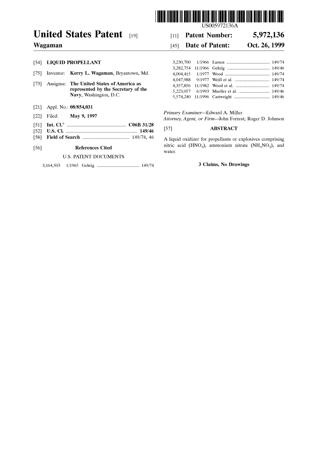 United States Patent (19) 11 Patent Number: 5,972,136 Wagaman (45) Date of Patent: Oct