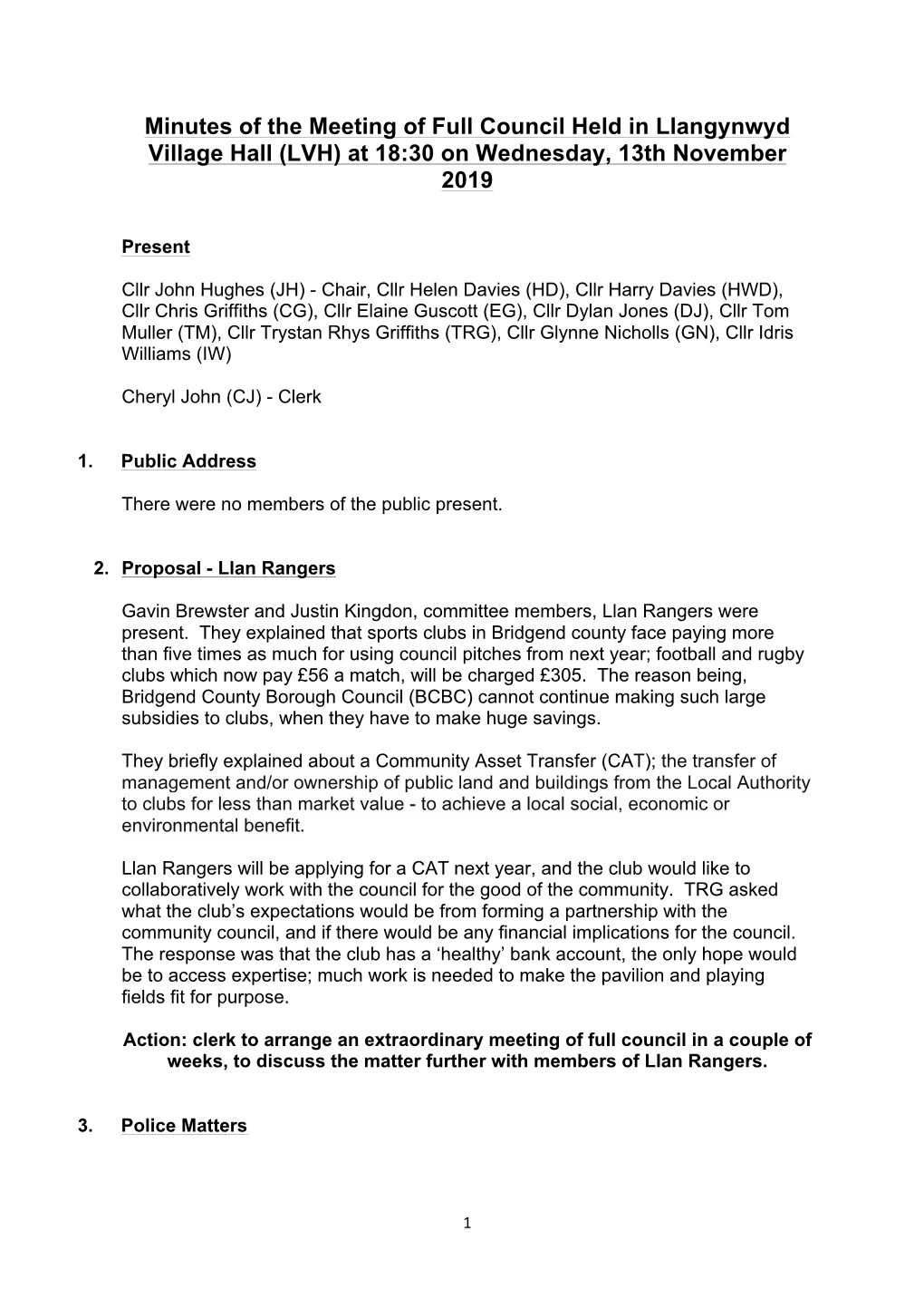 Minutes of the Meeting of Full Council Held in Llangynwyd Village Hall (LVH) at 18:30 on Wednesday, 13Th November 2019