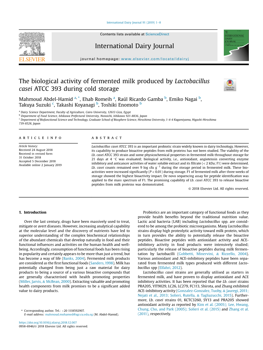 The Biological Activity of Fermented Milk Produced by Lactobacillus Casei ATCC 393 During Cold Storage