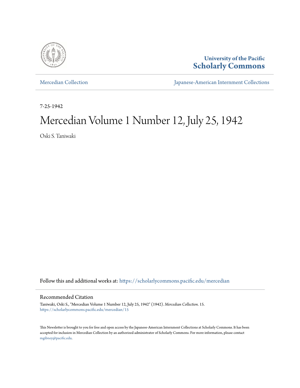 Mercedian Volume 1 Number 12, July 25, 1942 Oski S