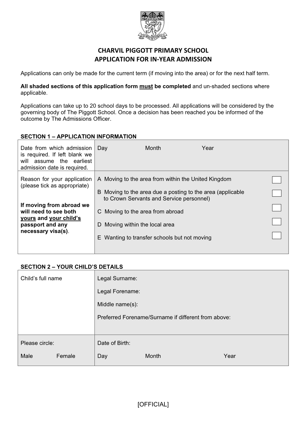 Charvil Piggott Primary School Application for In‐Year Admission