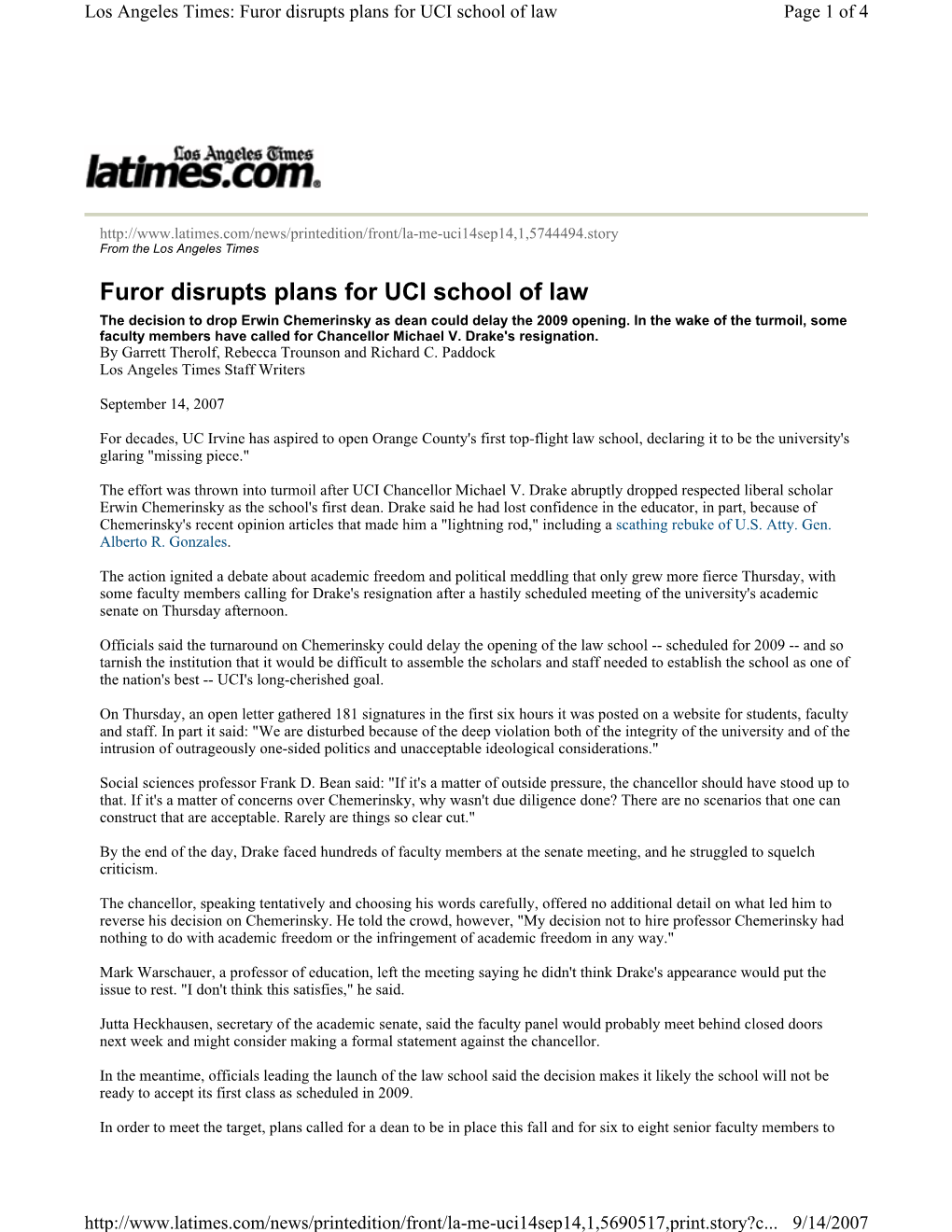 Furor Disrupts Plans for UCI School of Law Page 1 of 4