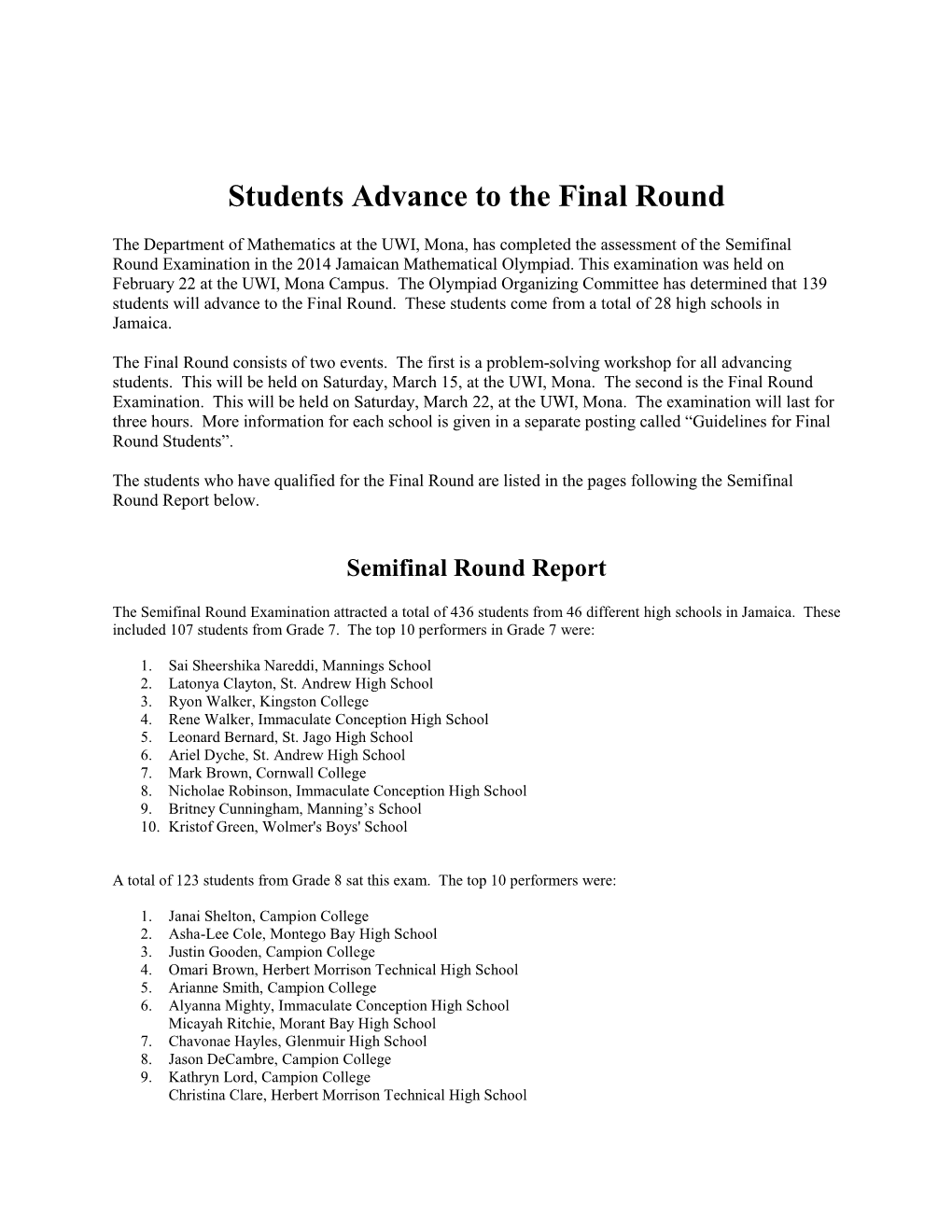 Students Advance to the Final Round