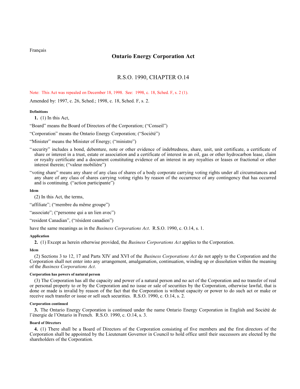 Ontario Energy Corporation Act, R.S.O. 1990, C. O.14