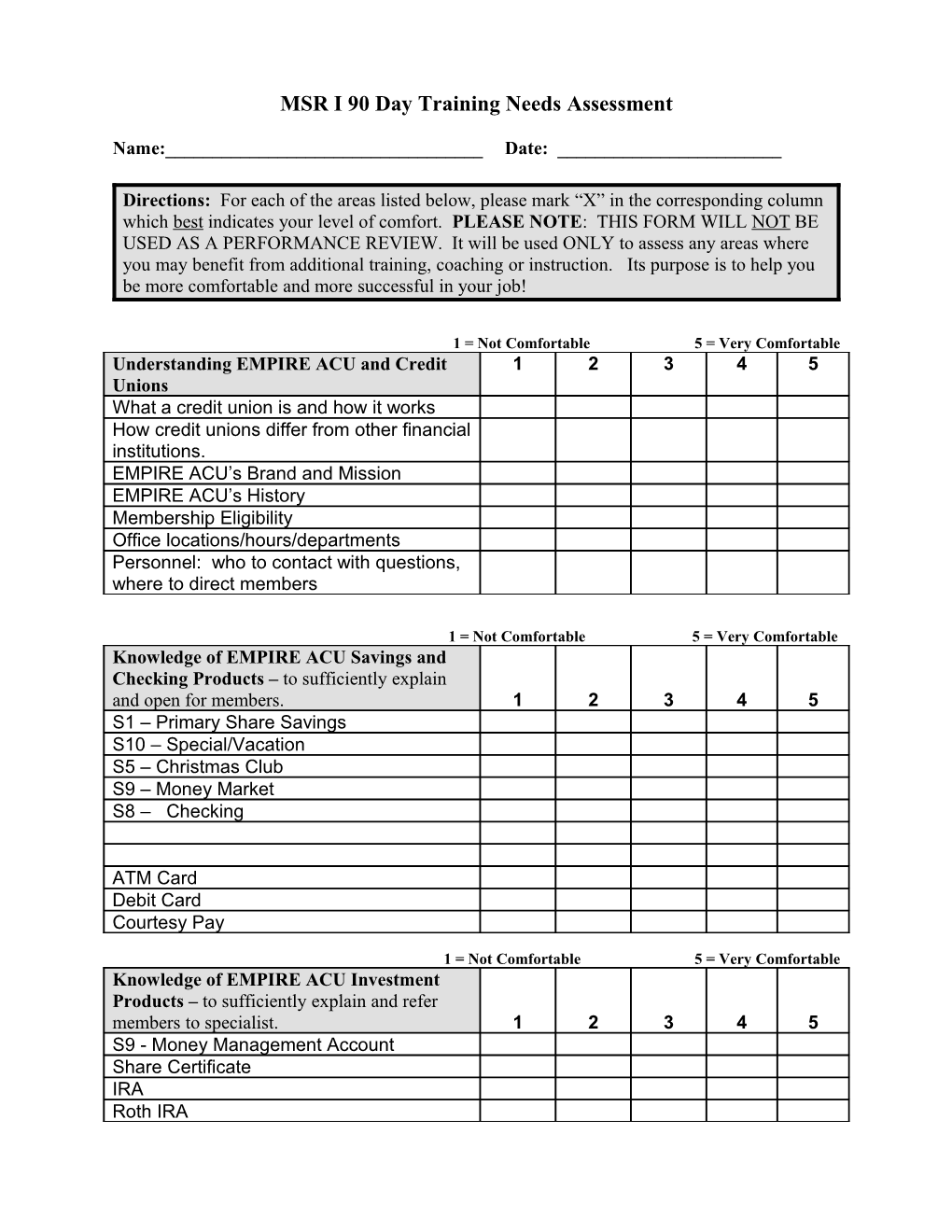 MSR I 90 Day Training Needs Assessment