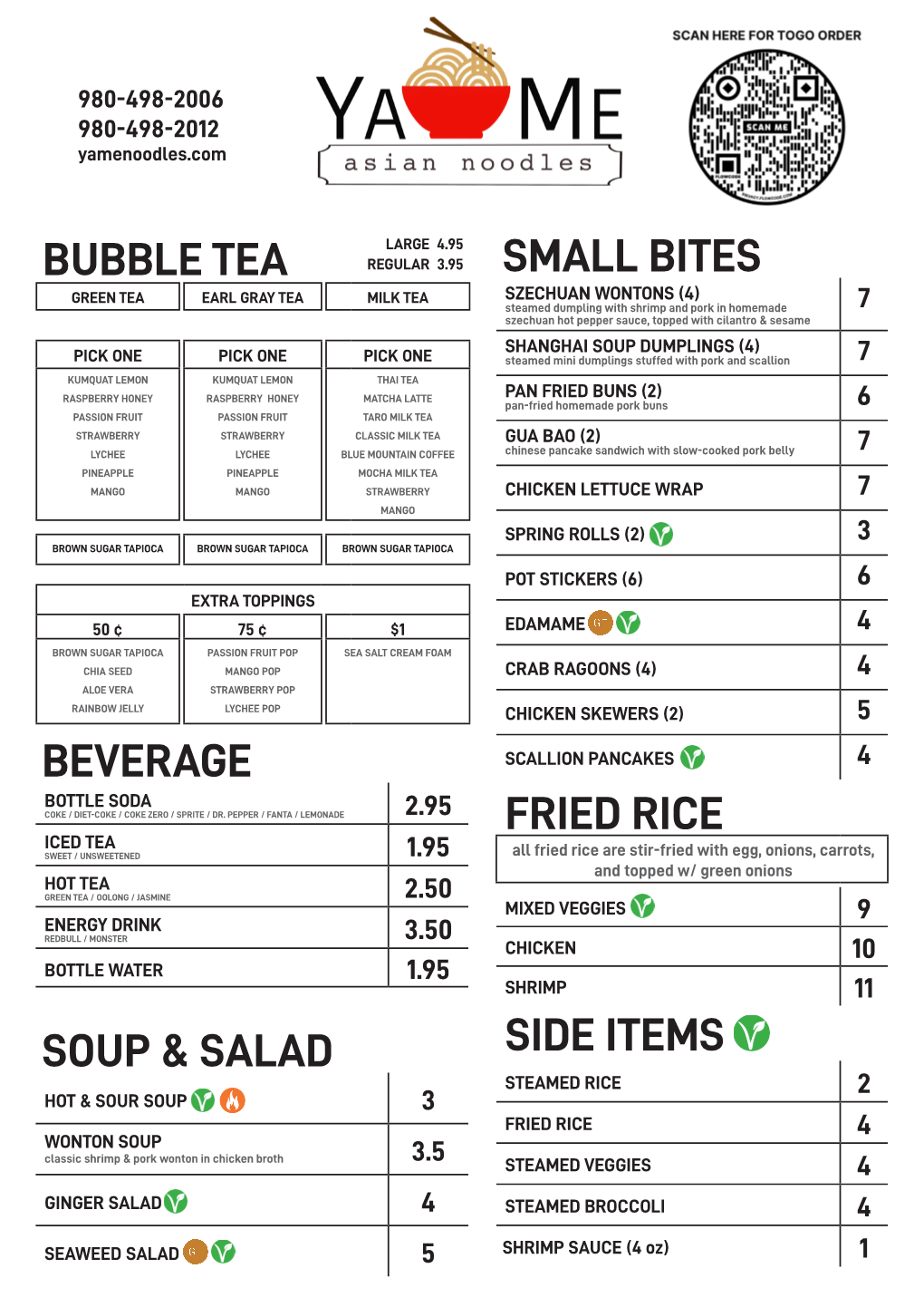 Bubble Tea Small Bites Fried Rice Side Items Soup & Salad