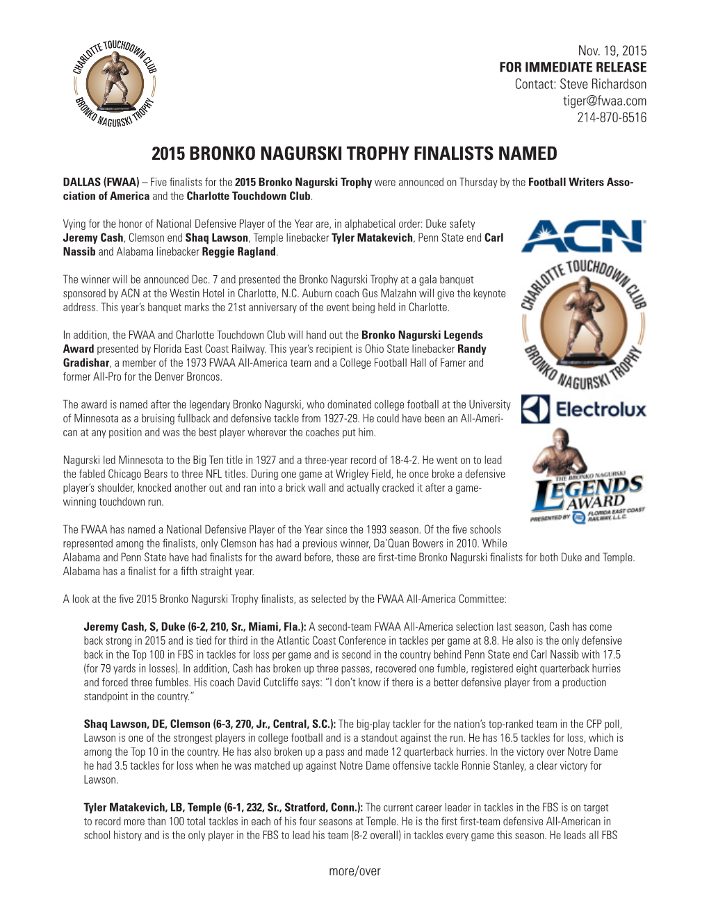 2015 Bronko Nagurski Trophy Finalists Named