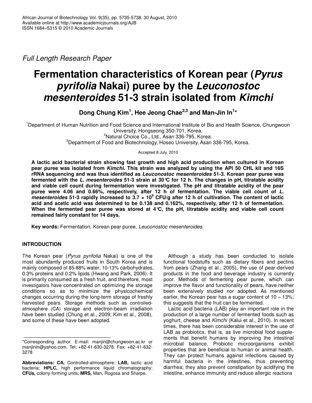 Fermentation Characteristics of Korean Pear (Pyrus Pyrifolia Nakai) Puree by the Leuconostoc Mesenteroides 51-3 Strain Isolated from Kimchi