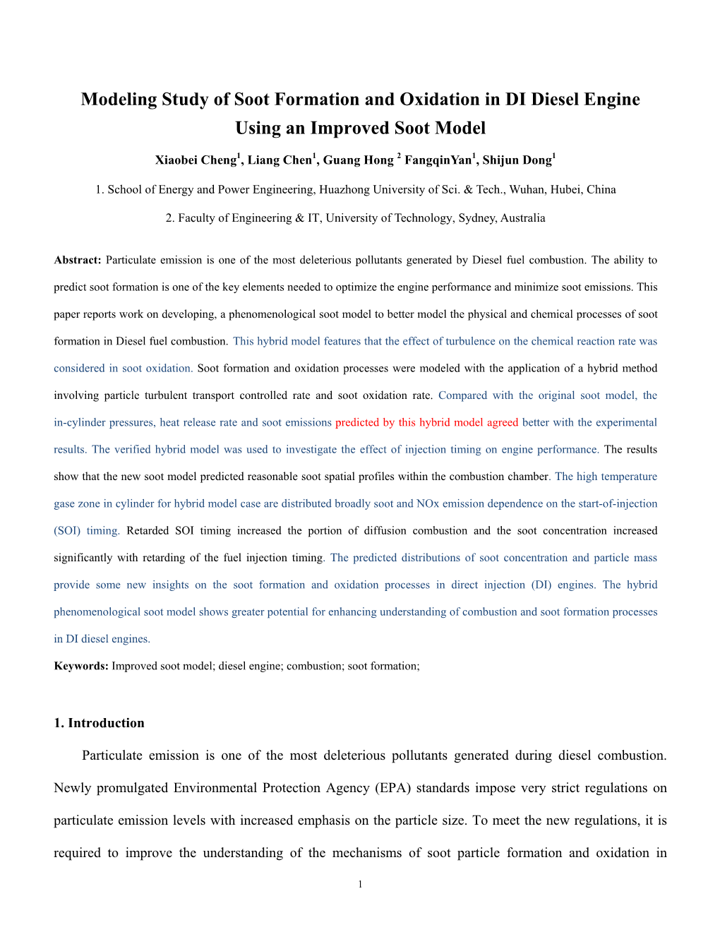 Modeling Study of Soot Formation and Oxidation in DI Diesel Engine Using an Improved Soot Model