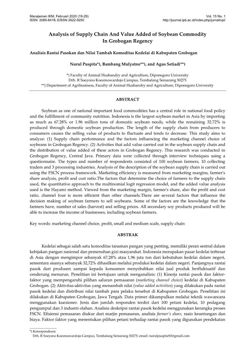 Analysis of Supply Chain and Value Added of Soybean Commodity in Grobogan Regency