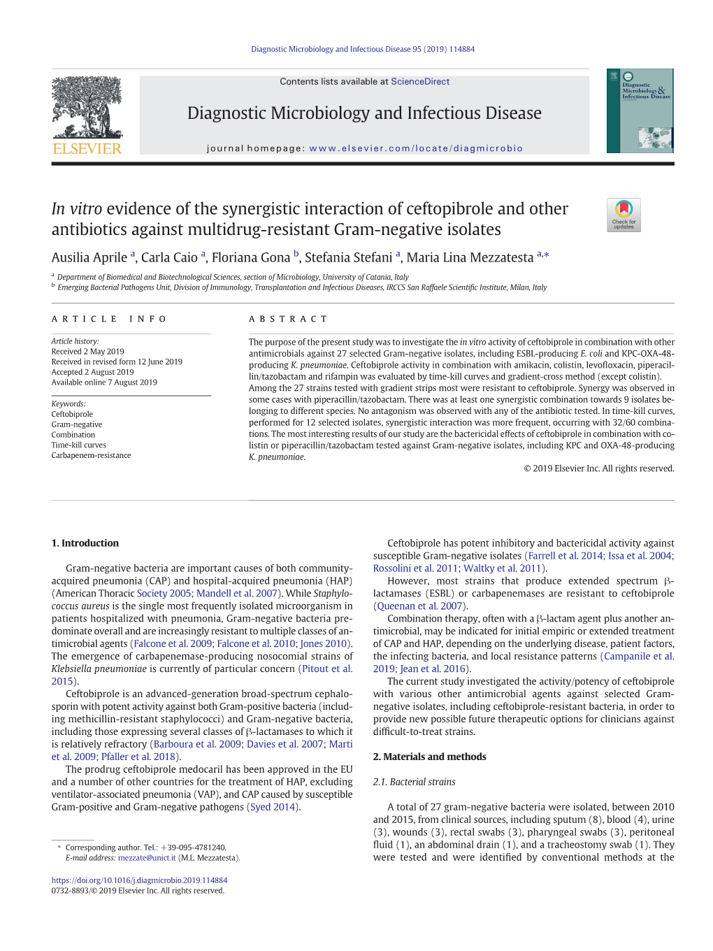 In Vitro Evidence of the Synergistic Interaction of Ceftopibrole and Other Antibiotics Against Multidrug-Resistant Gram-Negative Isolates