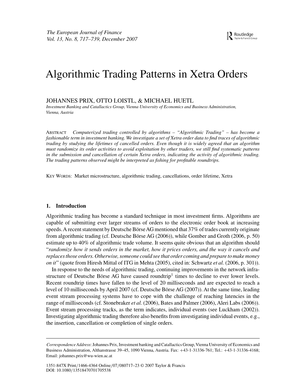 Algorithmic Trading Patterns in Xetra Orders