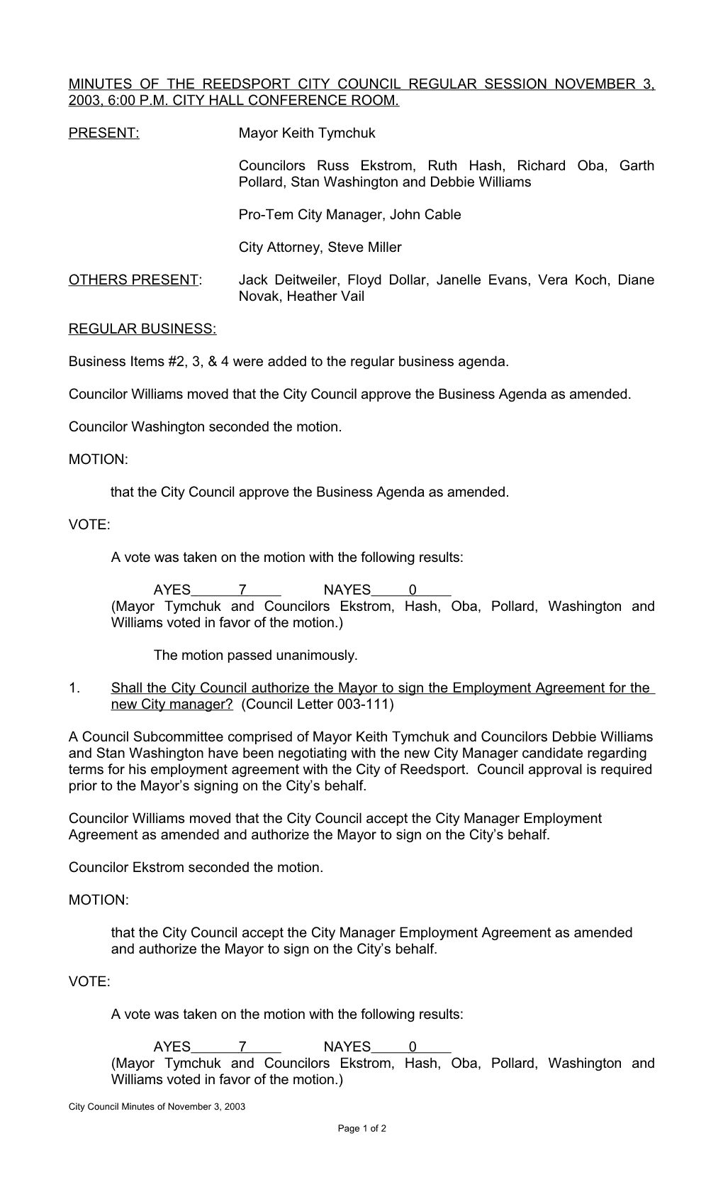 Minutes of the Reedsport City Council Regular Session January December 16, 2002, 7:00 P s1