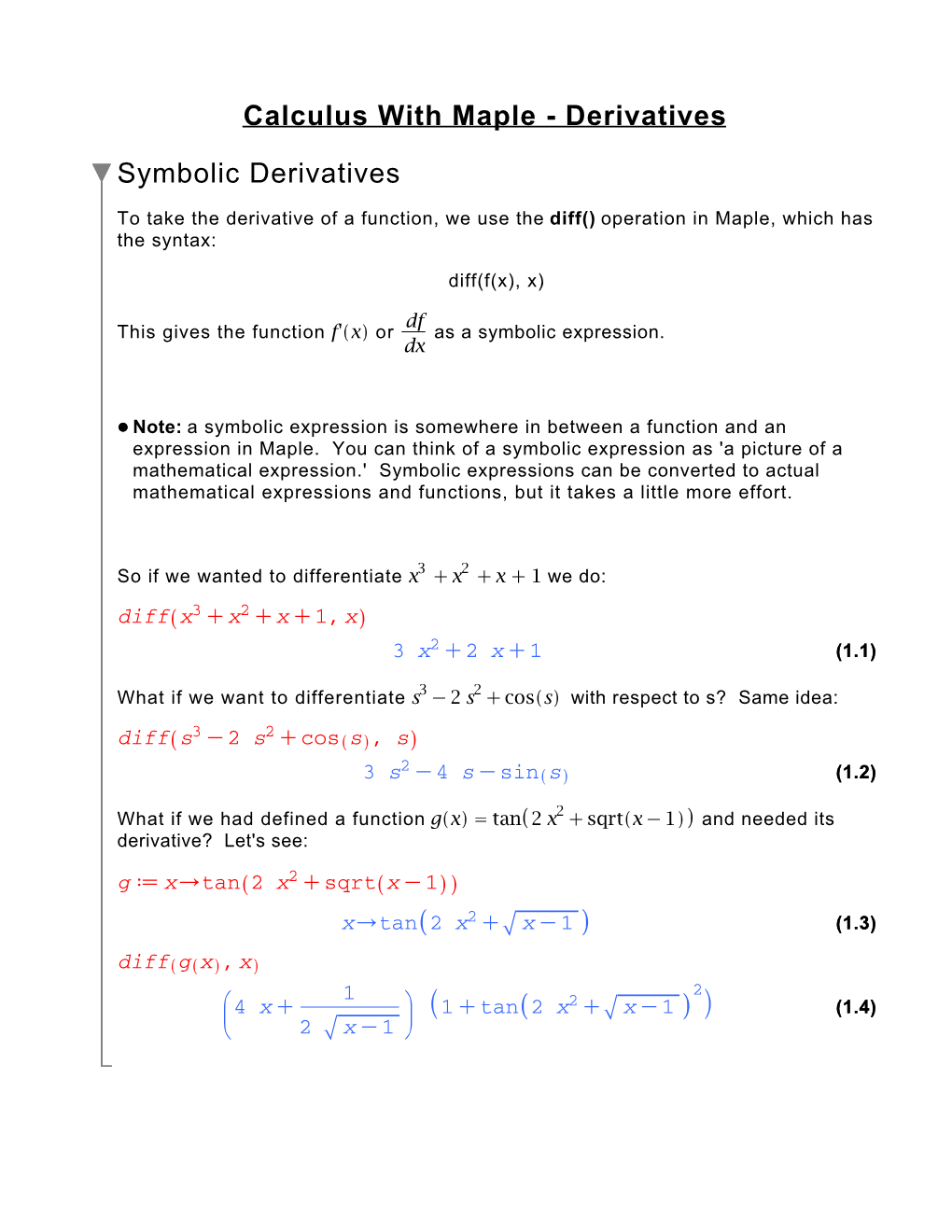 Calculus with Maple - Derivatives