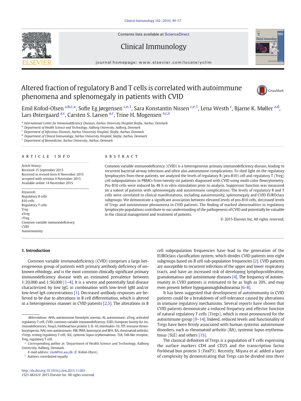 Altered Fraction of Regulatory B and T Cells Is Correlated with Autoimmune Phenomena and Splenomegaly in Patients with CVID