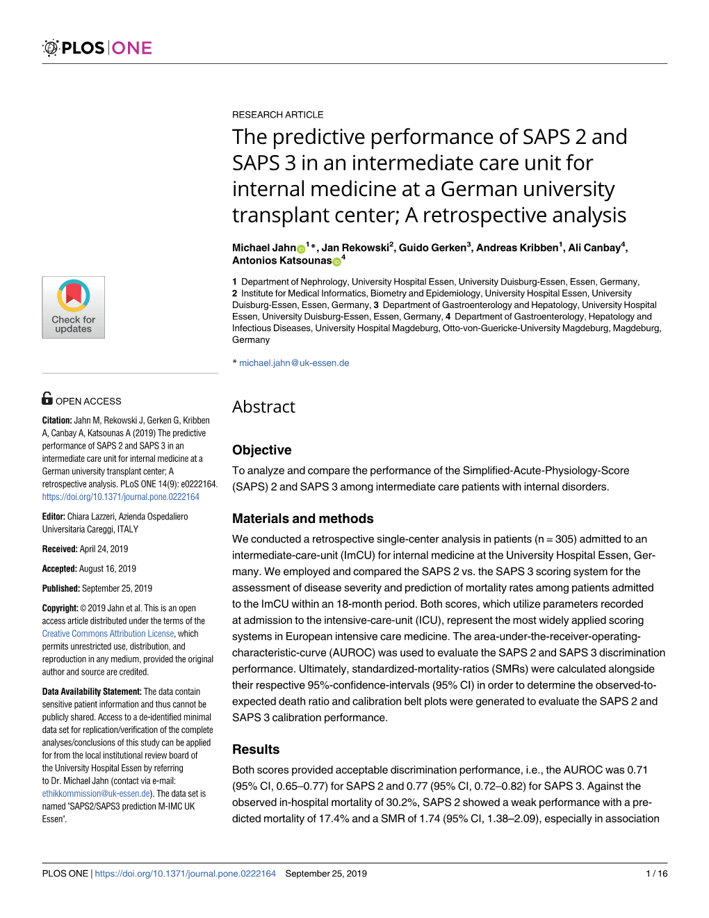 The Predictive Performance of SAPS 2 and SAPS 3 in an Intermediate Care Unit for Internal Medicine at a German University Transplant Center; a Retrospective Analysis