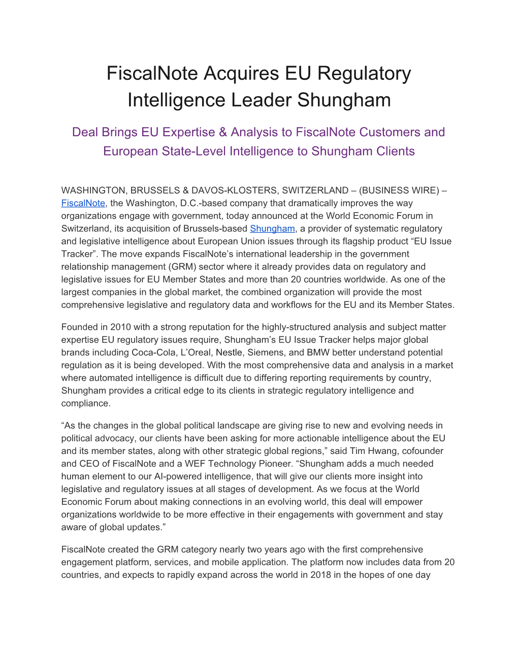 Fiscalnote Acquires EU Regulatory Intelligence Leader Shungham
