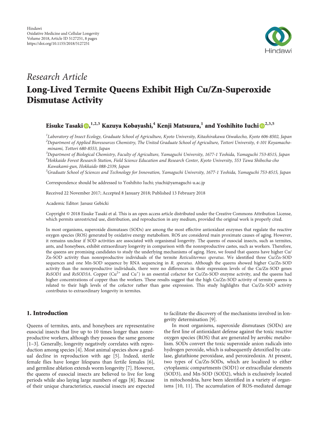 Research Article Long-Lived Termite Queens Exhibit High Cu/Zn-Superoxide Dismutase Activity