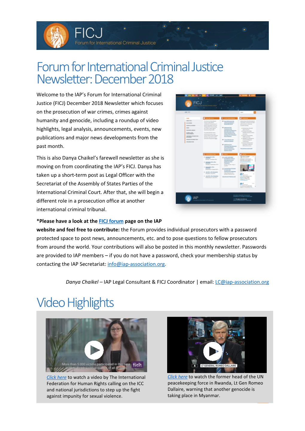 Forum for International Criminal Justice Newsletter: December 2018